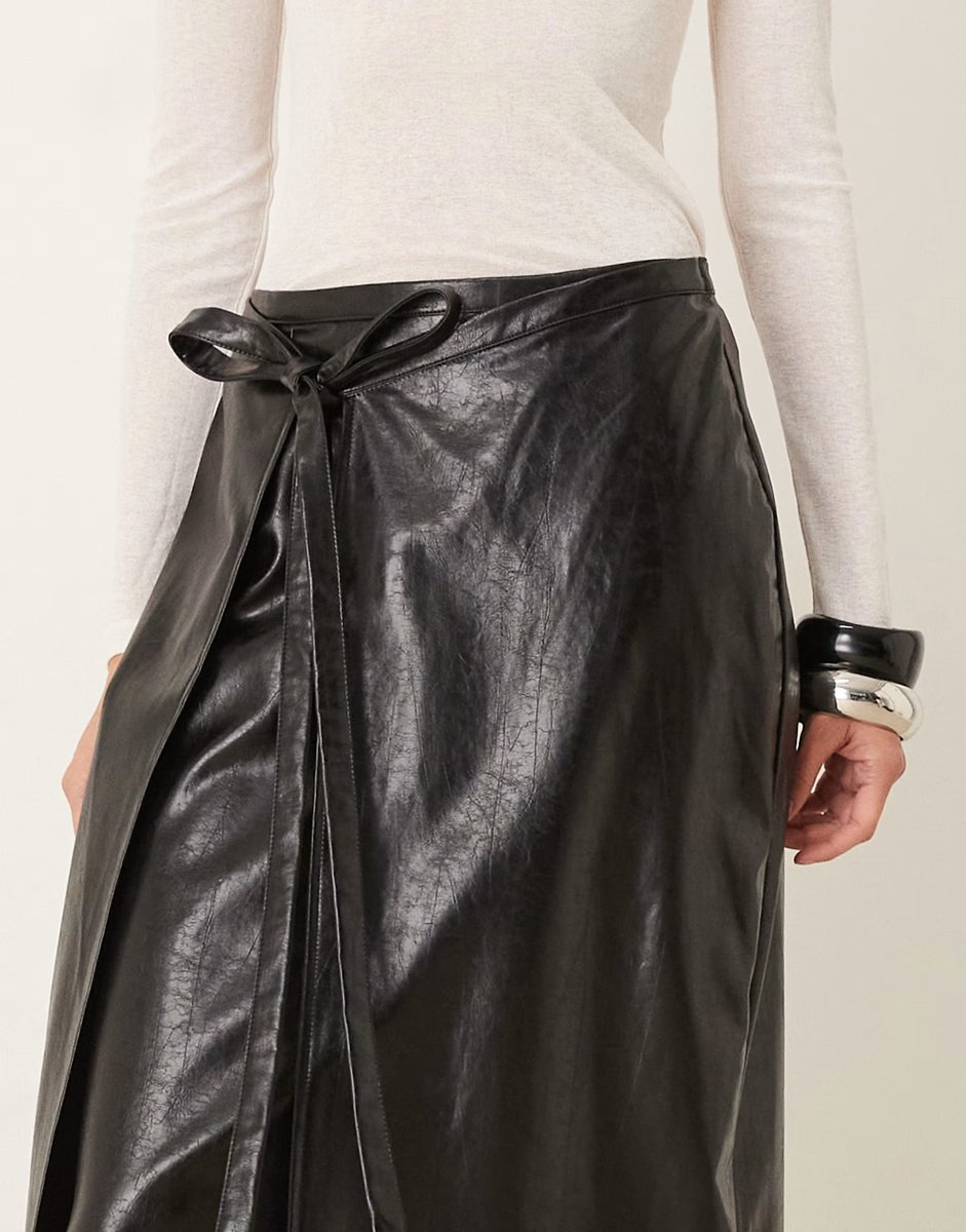 ASOS Ghospell Louise faux leather wrap midi skirt with tie detail in black - 4