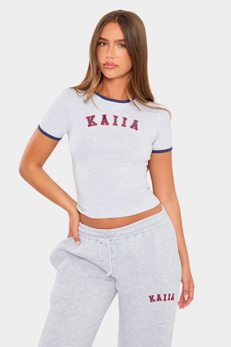 Kaiia Kaiia Slogan Baby Tee Light Grey Marl & Red