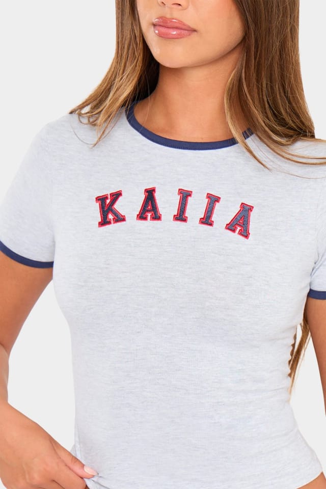 Kaiia Kaiia Slogan Baby Tee Light Grey Marl & Red - 2