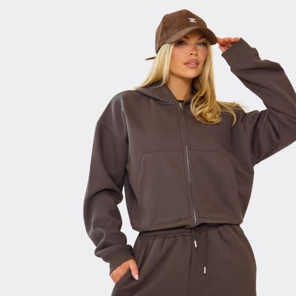 EGO Double Zip Up Boxy Detail Hoodie In Chocolate Brown, Women's Size UK 6