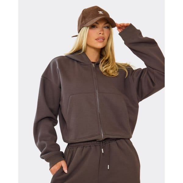 EGO Double Zip Up Boxy Detail Hoodie In Chocolate Brown, Women's Size UK 6 - 2