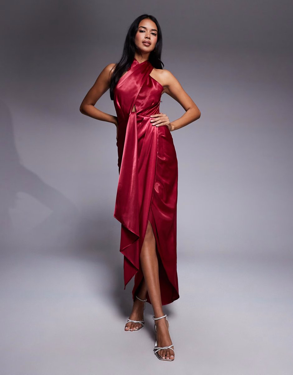 ASOS TFNC halter neck dress with wrap skirt in red satin - 1