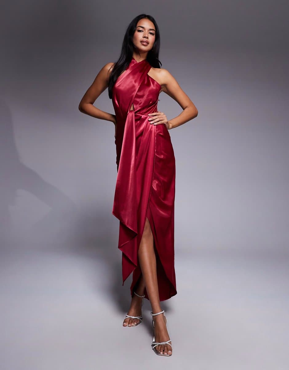 ASOS TFNC halter neck dress with wrap skirt in red satin