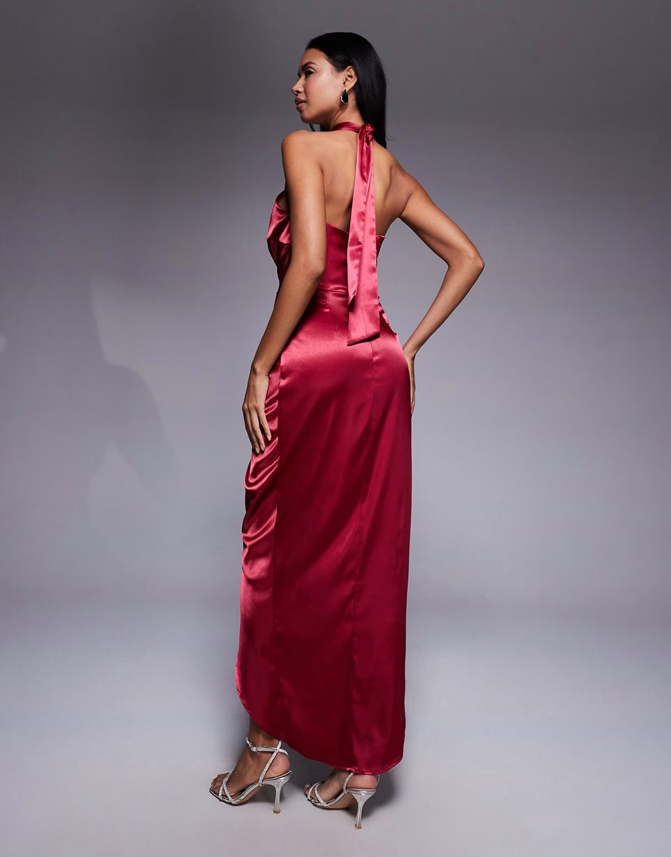 ASOS TFNC halter neck dress with wrap skirt in red satin - 3