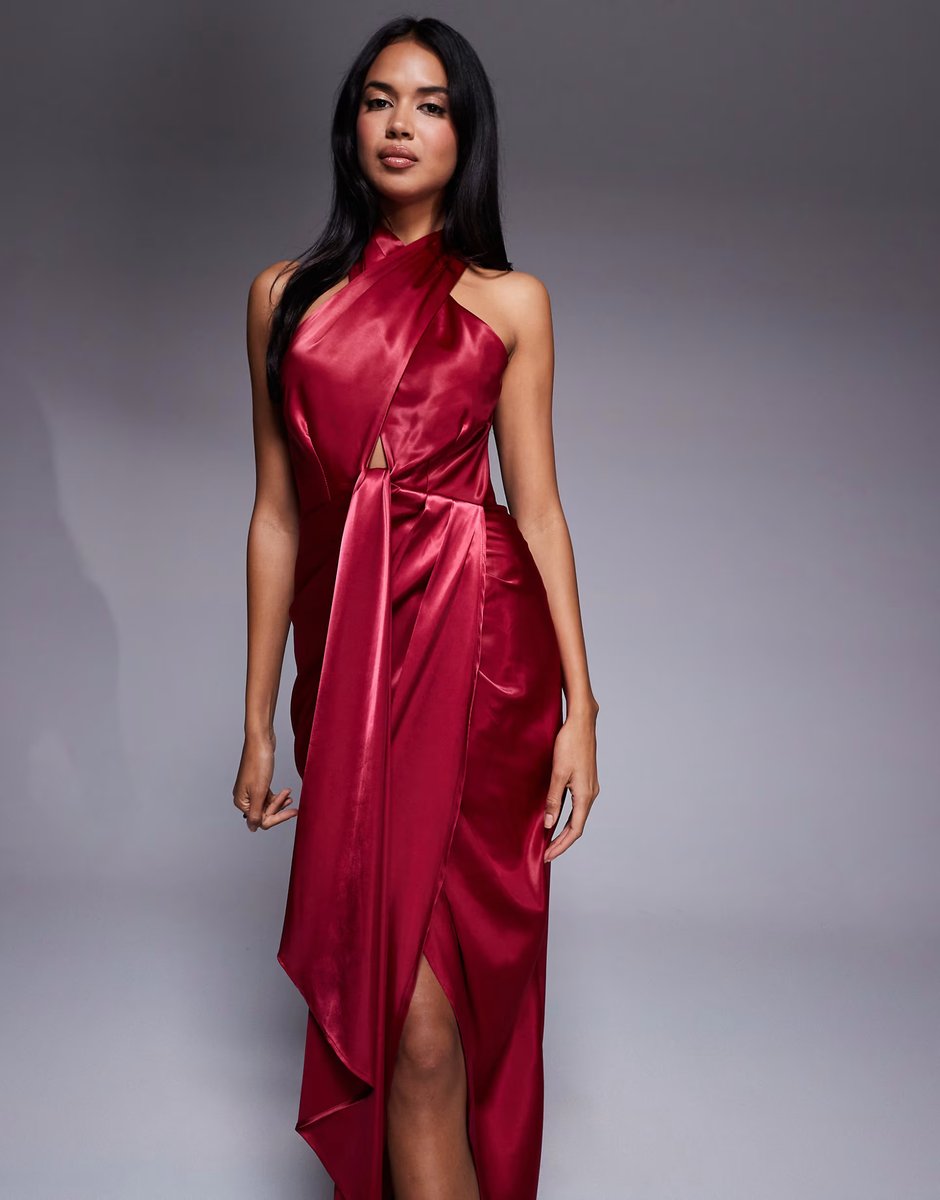 ASOS TFNC halter neck dress with wrap skirt in red satin - 4