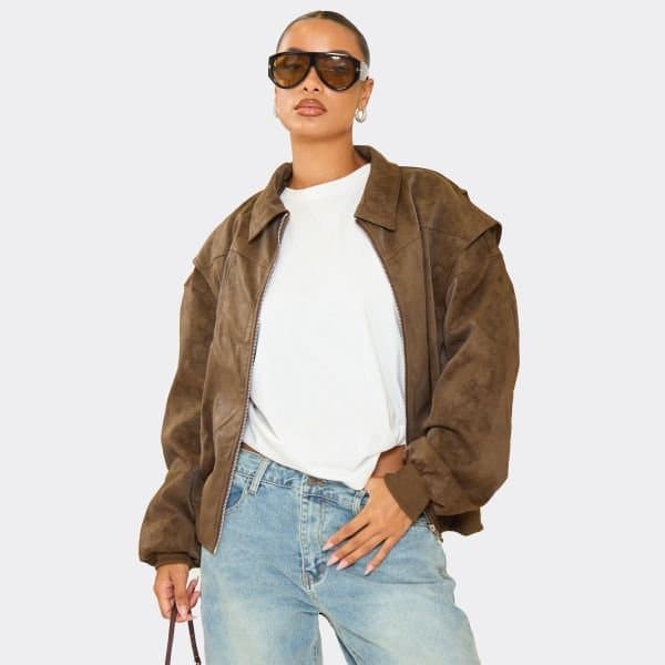 EGO EGO Collared Bomber Jacket in Brown Washed Faux Leather