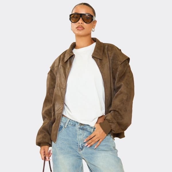 EGO Collared Bomber Jacket In Brown Washed Faux Leather, Women's Size UK 6 - 1