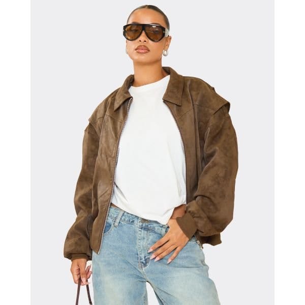 EGO Collared Bomber Jacket In Brown Washed Faux Leather, Women's Size UK 6 - 2