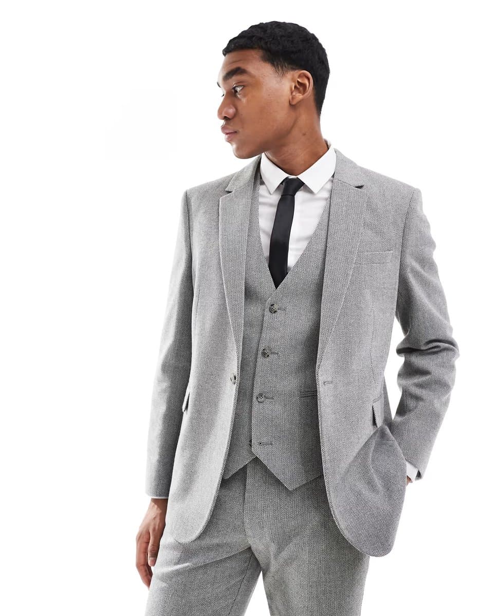 ASOS ASOS DESIGN double breasted slim suit jacket with wool in grey barleyweave - CHARCOAL