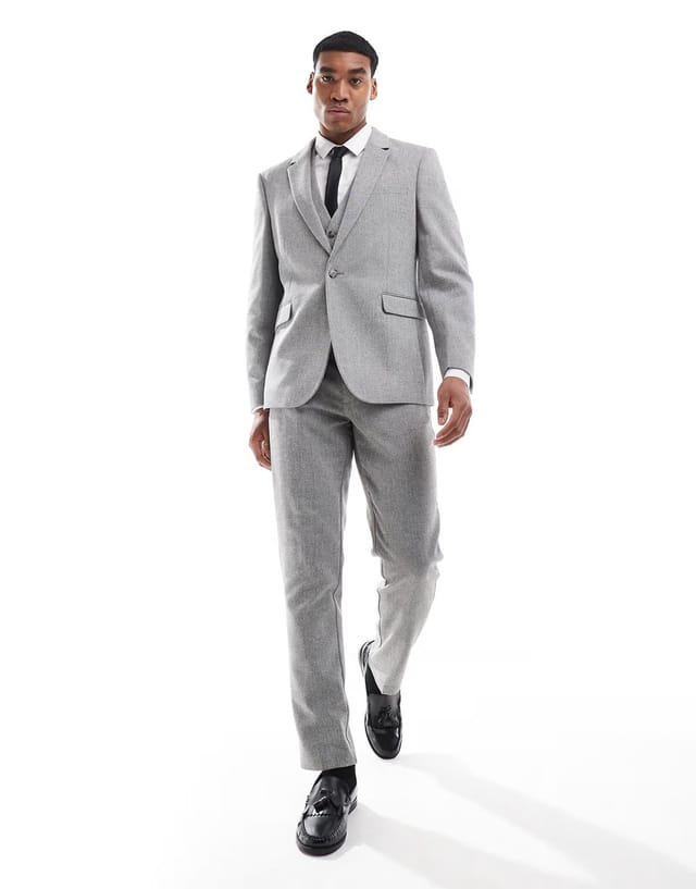 ASOS ASOS DESIGN double breasted slim suit jacket with wool in grey barleyweave - CHARCOAL - 2