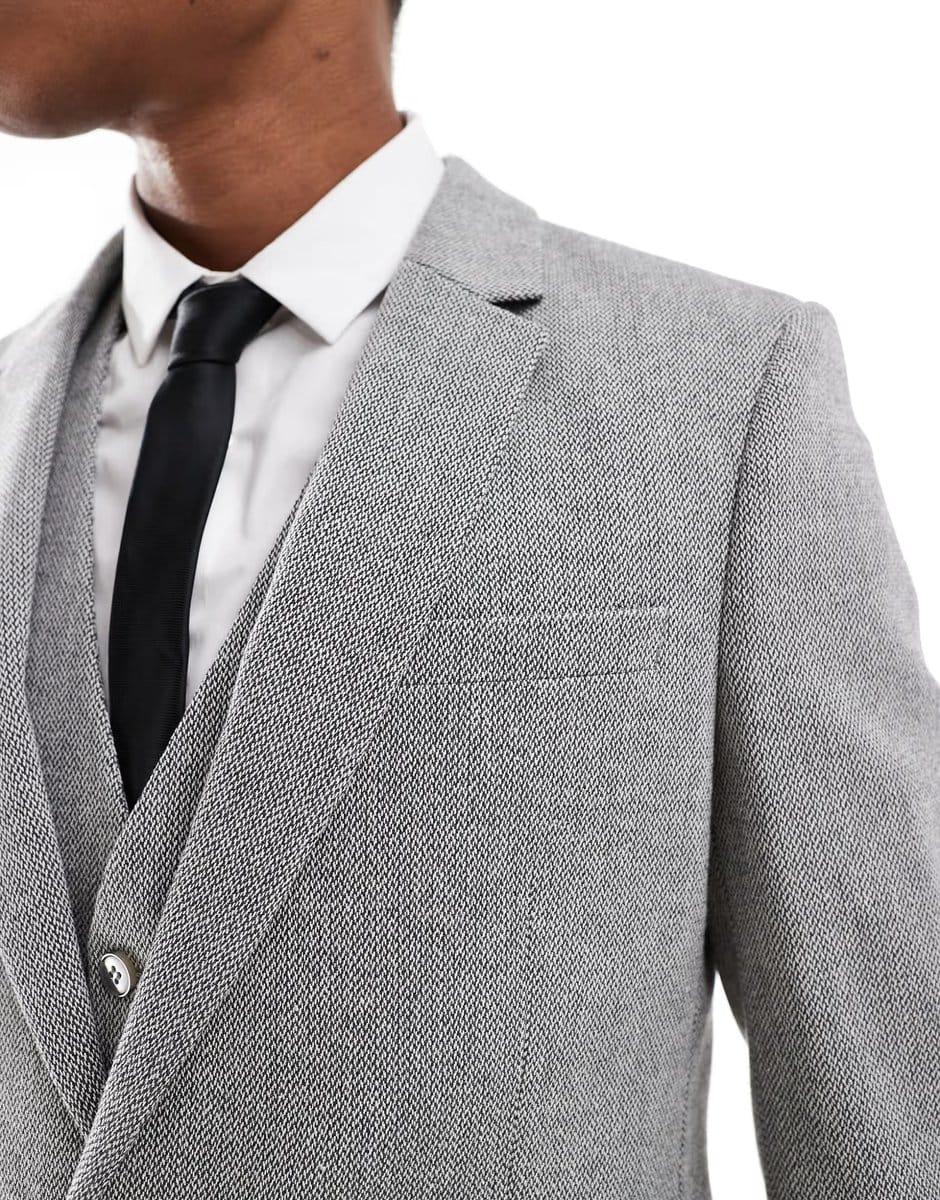ASOS ASOS DESIGN double breasted slim suit jacket with wool in grey barleyweave - CHARCOAL - 4