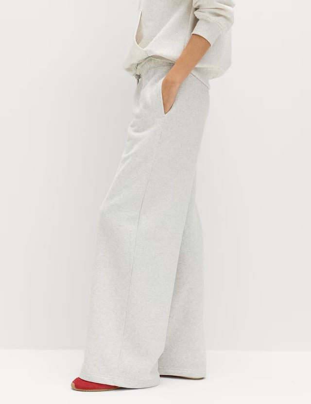 Marks & Spencer M&S Cotton Rich Drawstring Wide Leg Joggers Grey Marl - 3