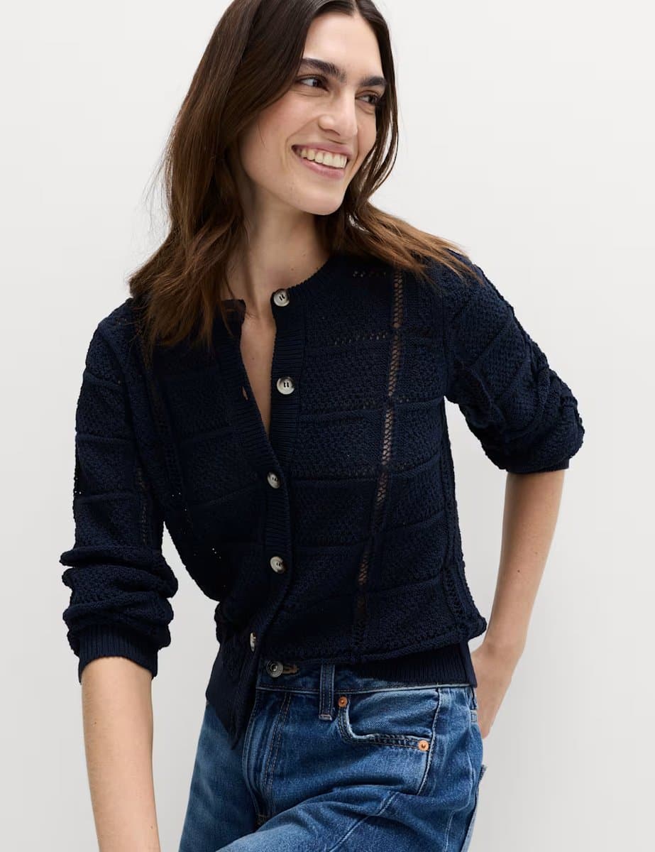 Marks & Spencer M&S Crew Neck Cropped Cardigan in Midnight Navy