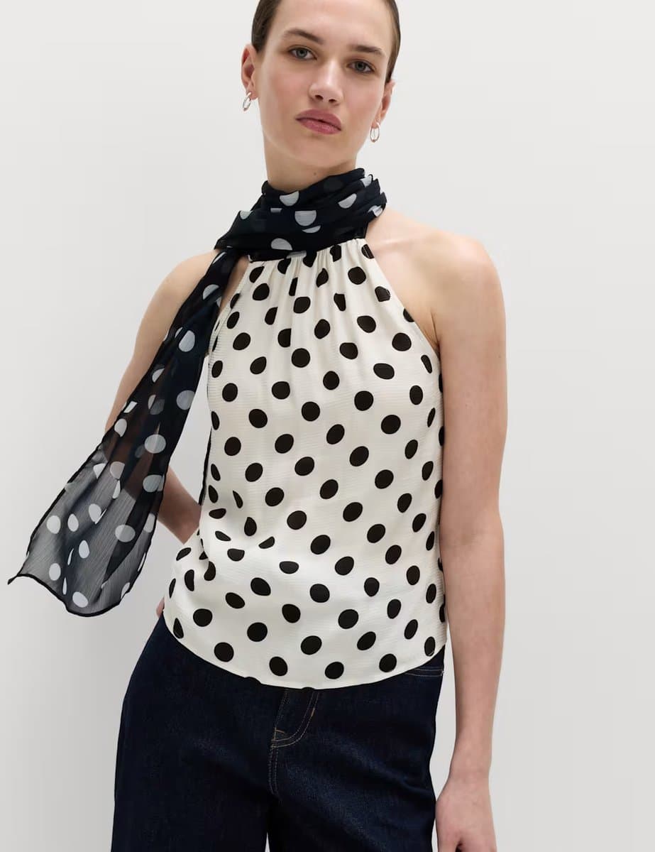 Marks & Spencer M&S Polka Dot Scarf Detail Top in Ivory Mix