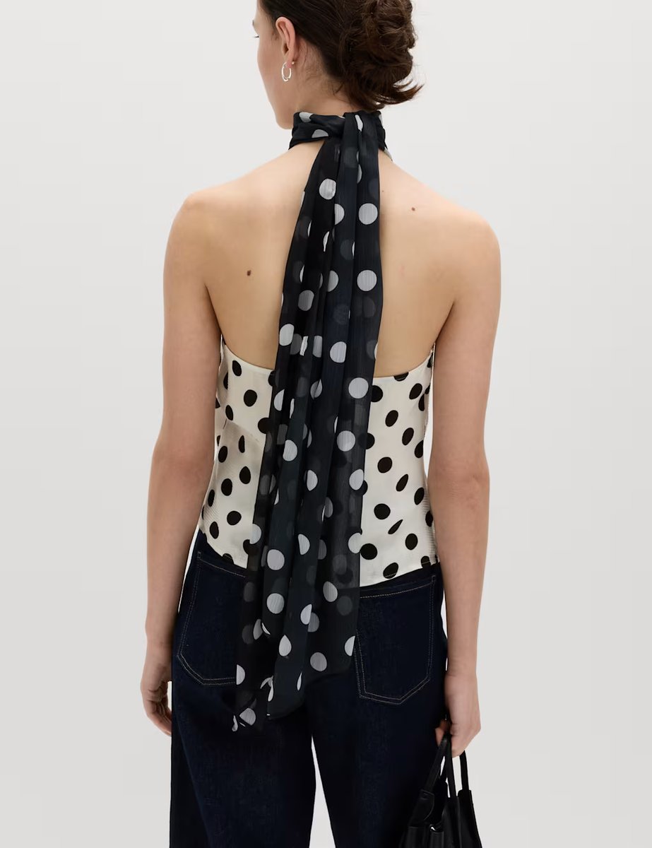 Marks & Spencer M&S Polka Dot Scarf Detail Top Ivory Mix - 2
