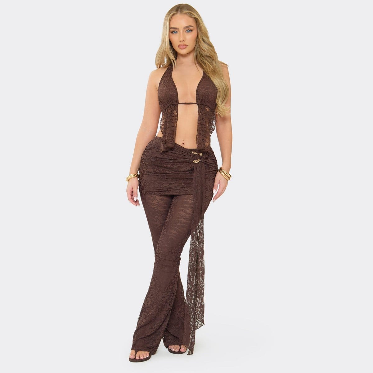 EGO Mid Rise Trim Detail Trousers In Chocolate Brown Lace, Women's Size UK 6 - 1