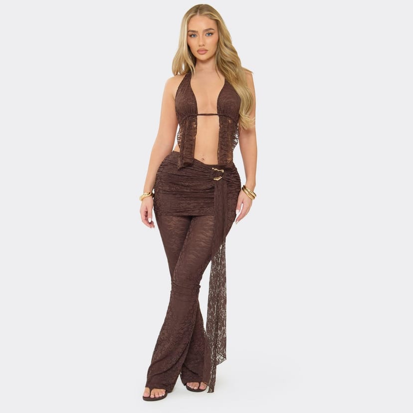 EGO Mid Rise Trim Detail Trousers In Chocolate Brown Lace, Women's Size UK 6 - 1