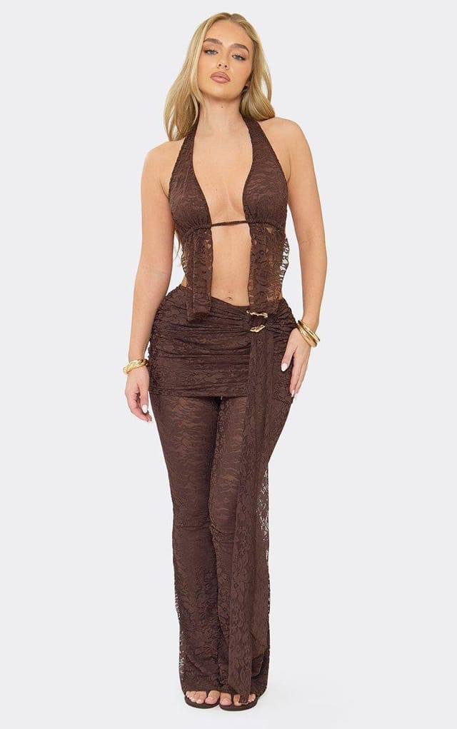 EGO Mid Rise Trim Detail Trousers In Chocolate Brown Lace, Women's Size UK 6 - 2
