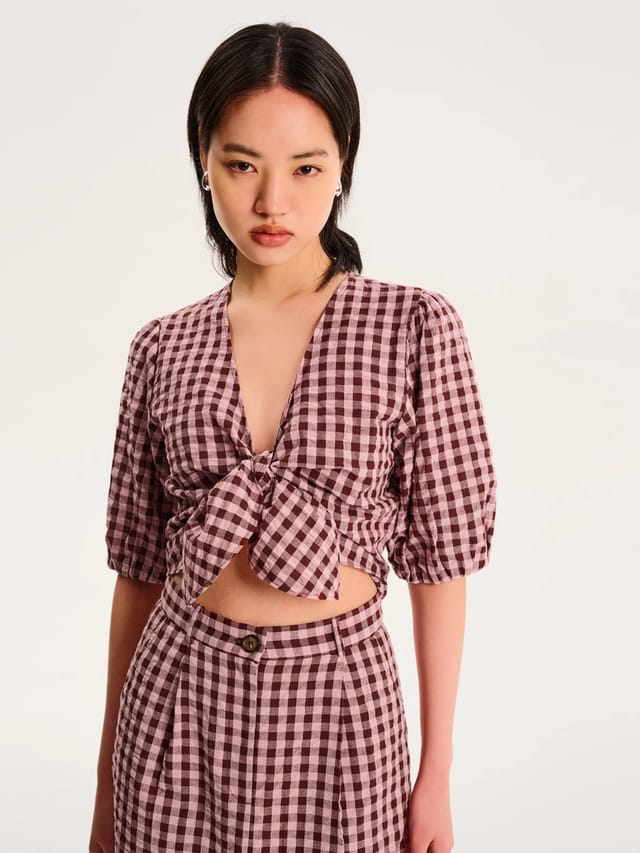 OMNES Olive Gingham Skirt in Pink - 3