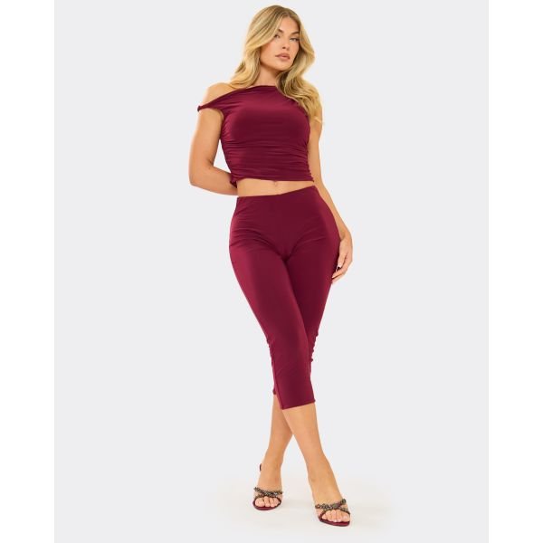 EGO Mid Rise Capri Leggings In Burgundy Slinky, Women's Size UK 6 - 2