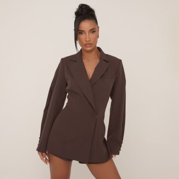 EGO Long Sleeve Cinched Waist Tailored Playsuit In Chocolate Brown Woven, Women's Size UK 4