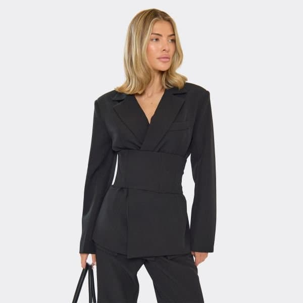EGO Long Sleeve Cinched Waist Corset Detail Blazer In Black, Women's Size UK 6