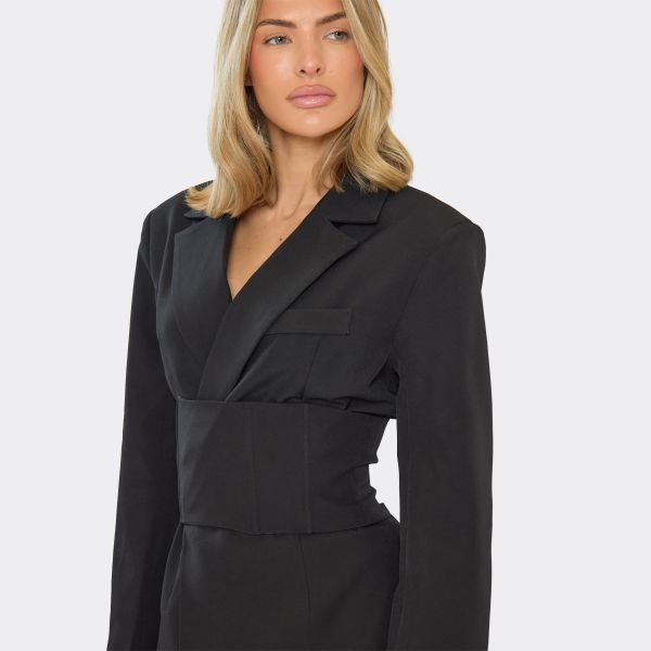 EGO Long Sleeve Cinched Waist Corset Detail Blazer In Black, Women's Size UK 6 - 2