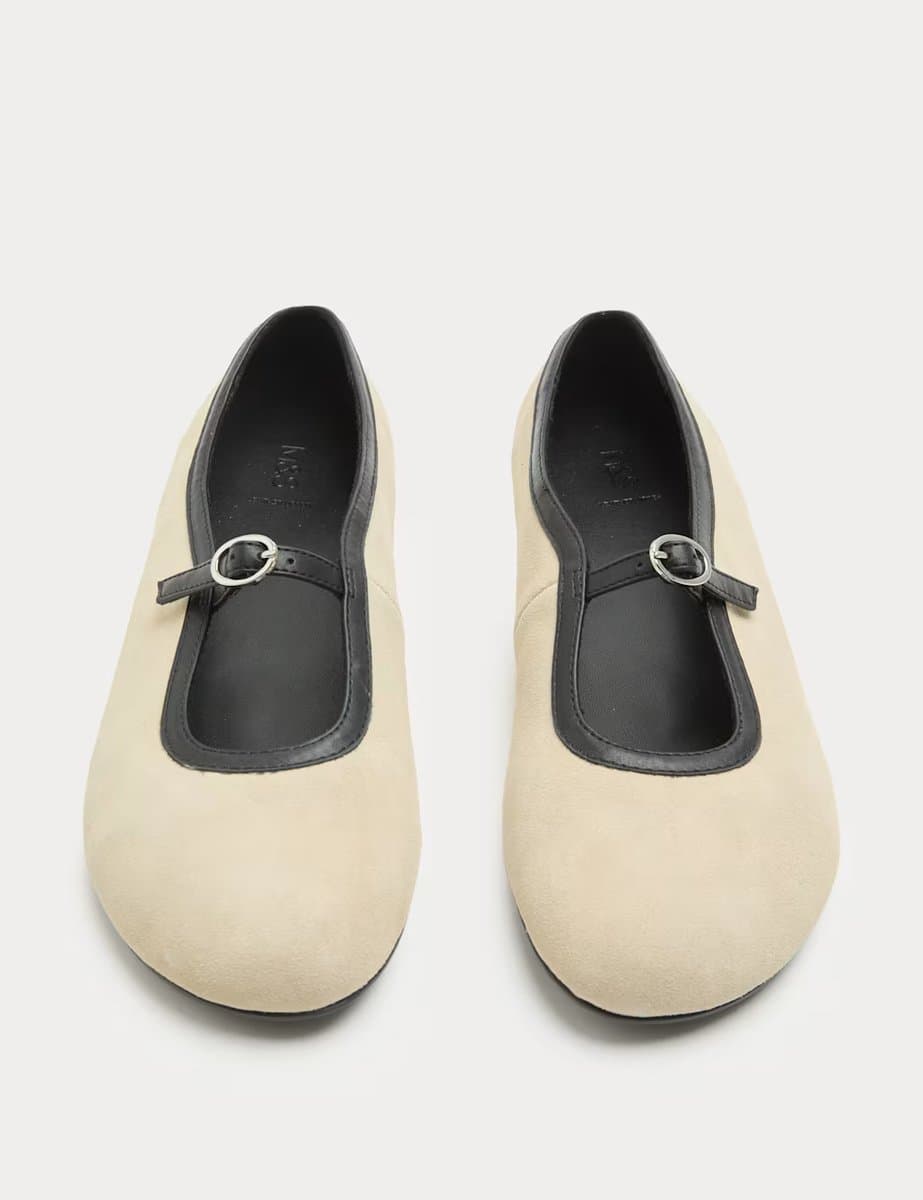 Marks & Spencer M&S Suede Flat Mary Jane Ballet Pump Shoes Natural