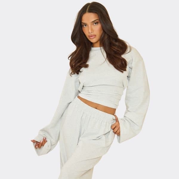 EGO Wide Sleeve Cinched Waist Detail Sweatshirt In Grey Marl, Women's Size UK 6