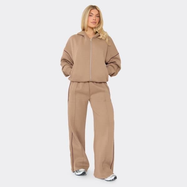 EGO Low Rise Contrast Stripe Wide Leg Joggers In Stone, Women's Size UK 6