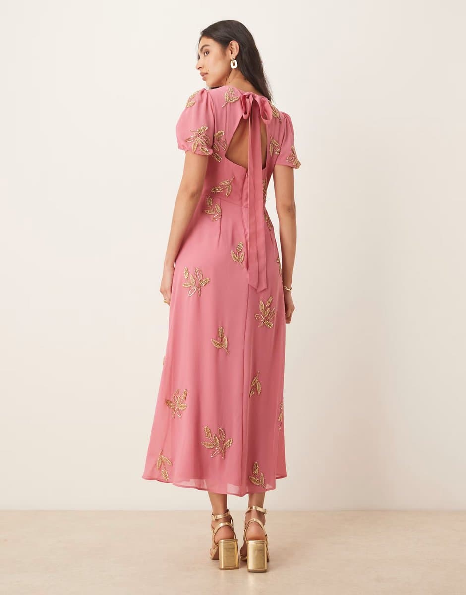 ASOS Maya Floral short sleeve keyhole back dress in rosey pink