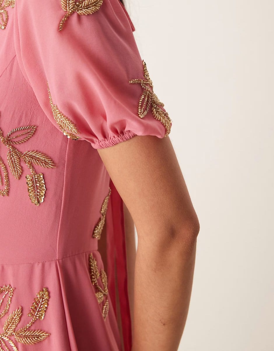 ASOS Maya Floral short sleeve keyhole back dress in rosey pink - 4