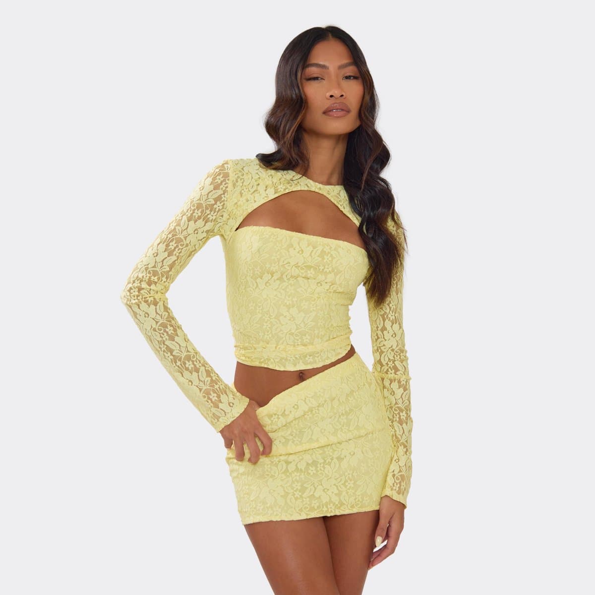 EGO Long Sleeve Button Neck Cut Out In Lemon Lace, Women's Size UK 6