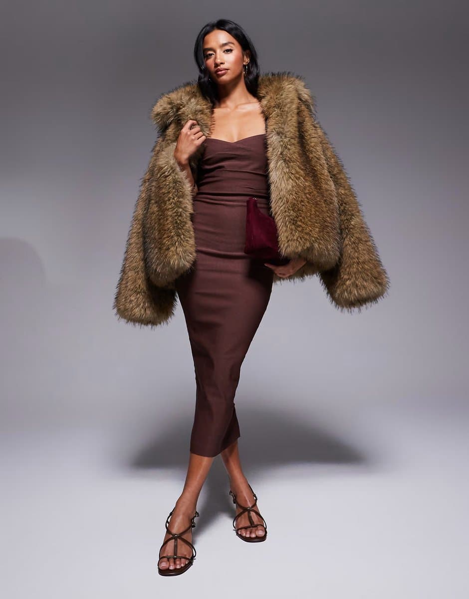 ASOS Vesper Petite bengaline sweetheart neckline ruched front midaxi dress in chocolate