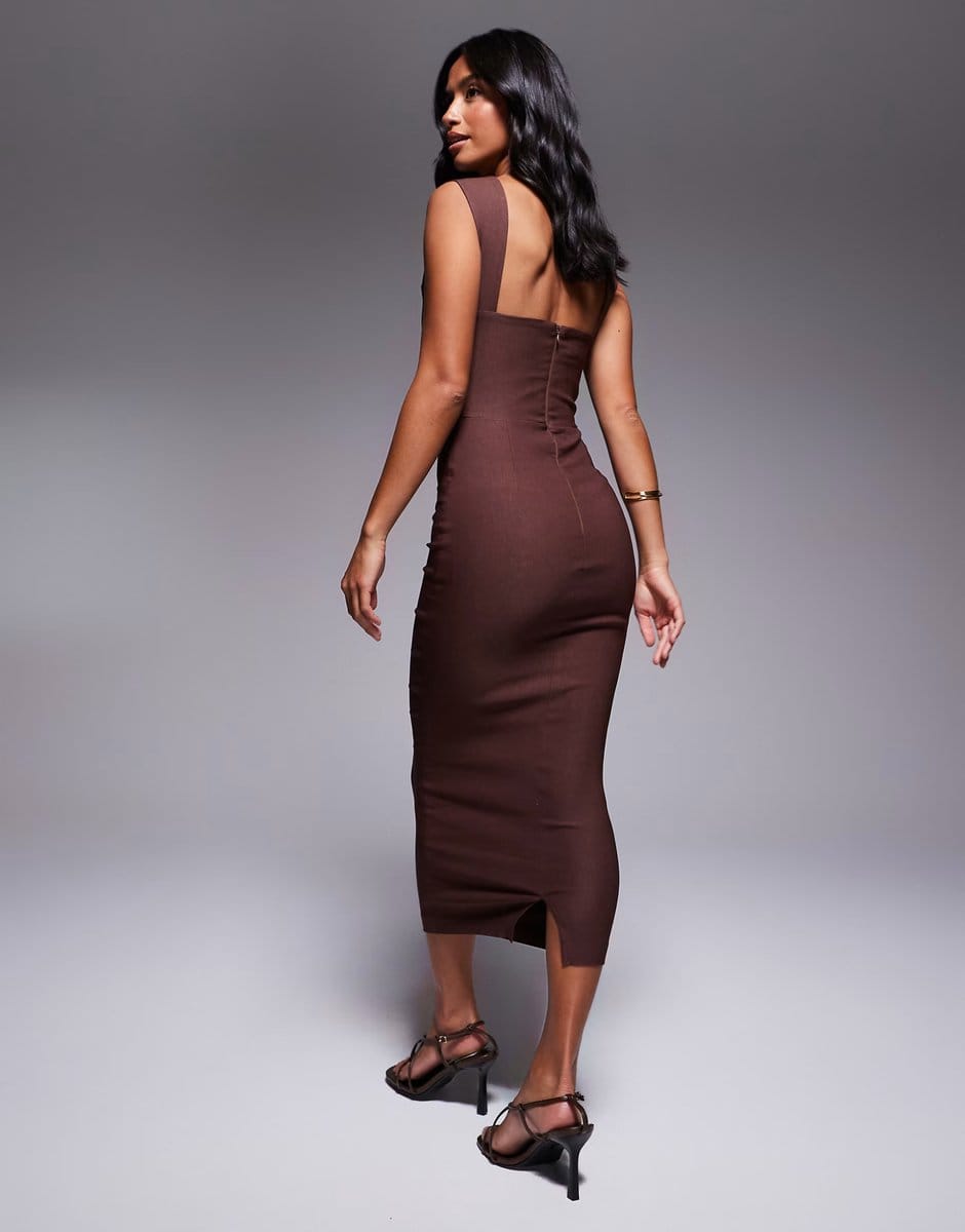 ASOS Vesper Petite bengaline sweetheart neckline ruched front midaxi dress in chocolate - 4