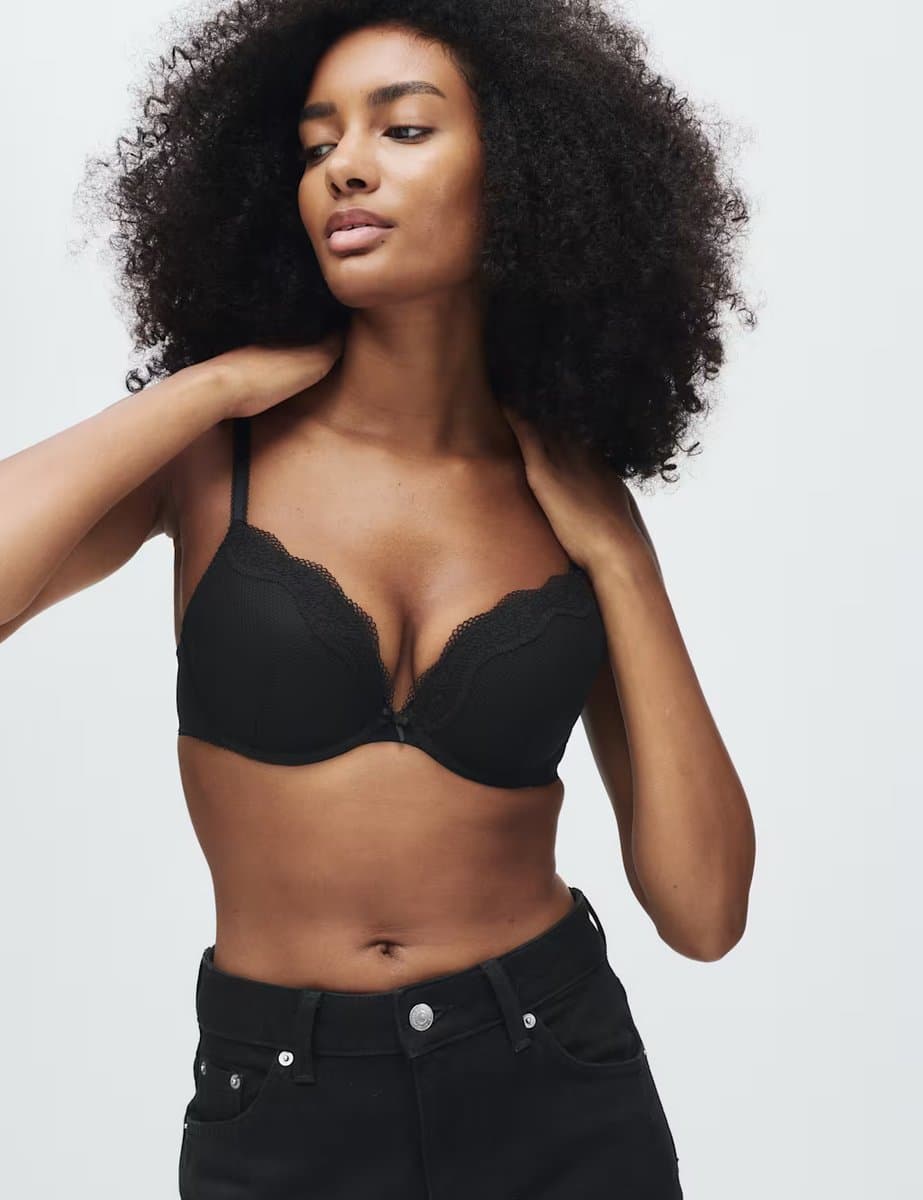 Marks & Spencer M&S Jasmine Lace Wired Push Up Plunge Bra in Black