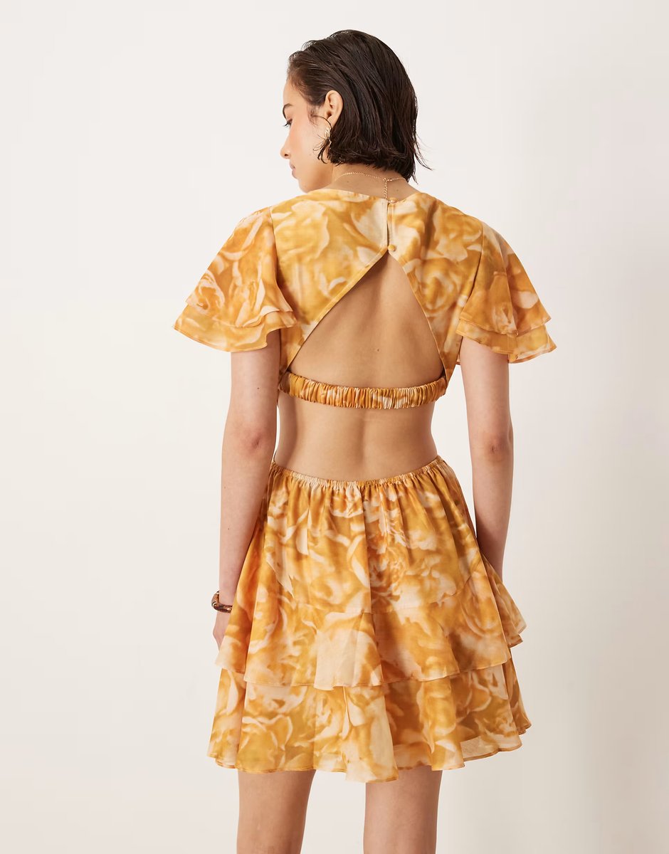 ASOS ASOS DESIGN v neck angel sleeve cut out mini dress in floral print - 3