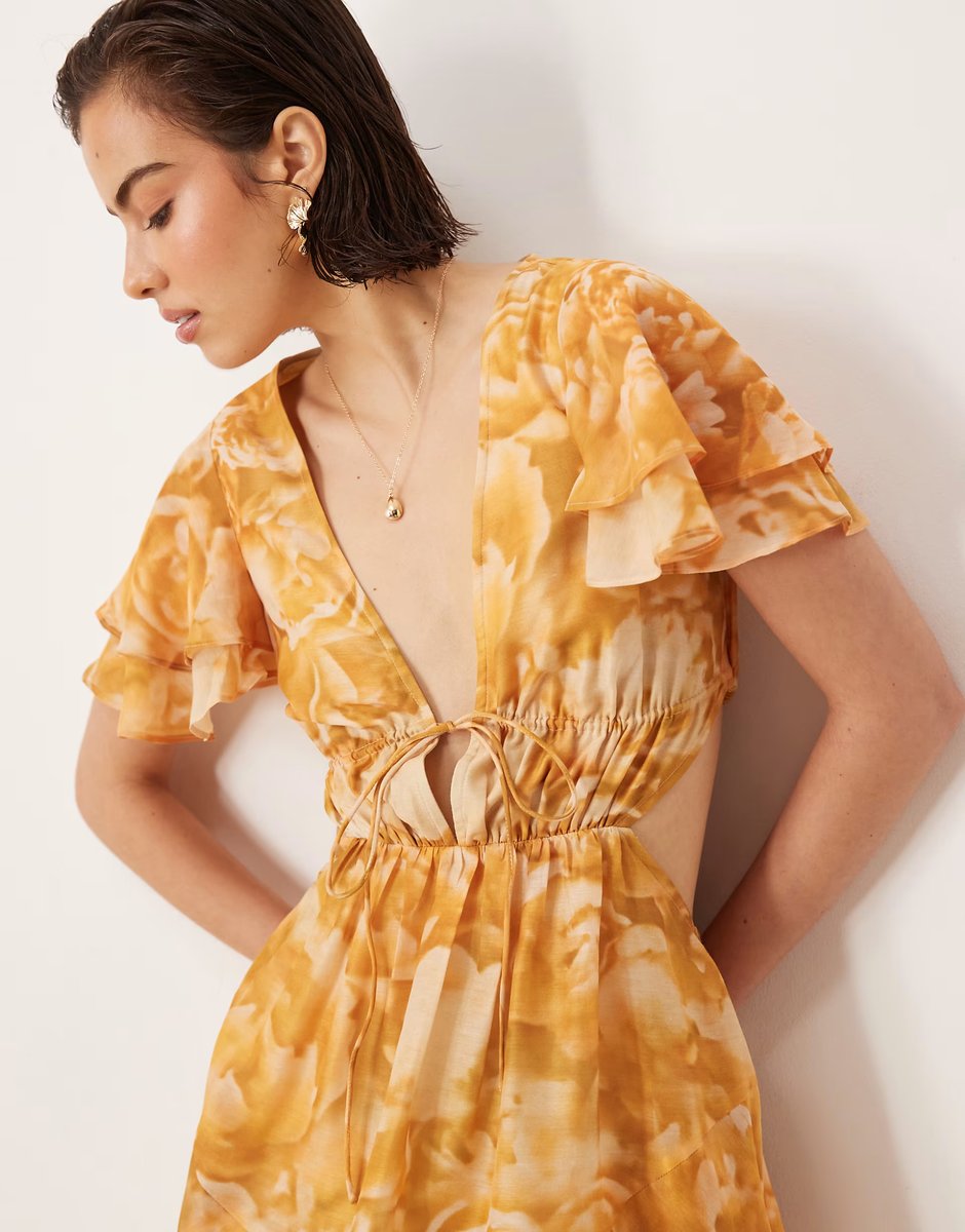 ASOS ASOS DESIGN v neck angel sleeve cut out mini dress in floral print - 4