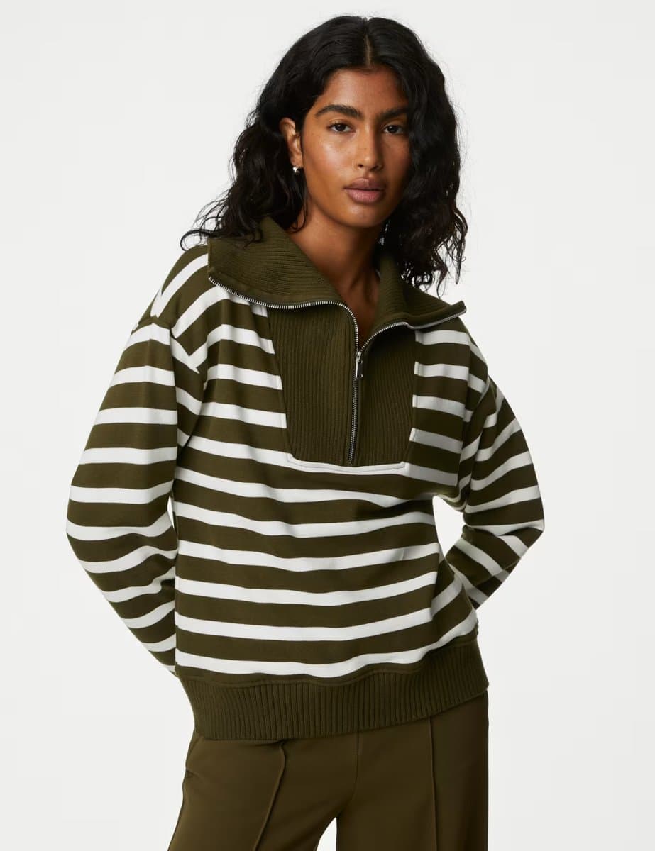 Marks & Spencer M&S Cotton Rich Striped Half Zip Sweatshirt Khaki Mix