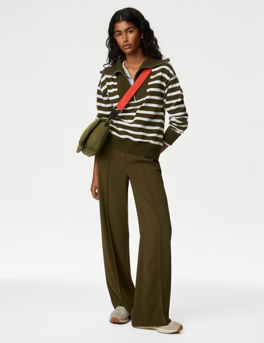 Marks & Spencer M&S Cotton Rich Striped Half Zip Sweatshirt Khaki Mix - 2