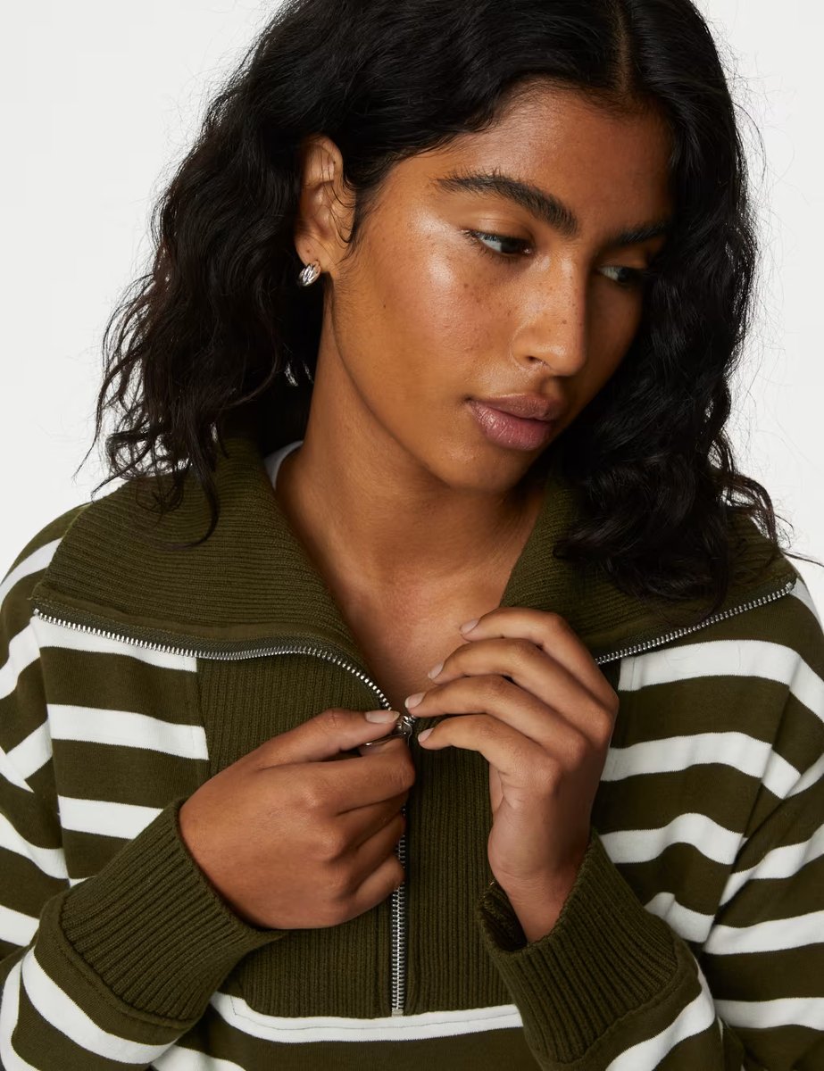 Marks & Spencer M&S Cotton Rich Striped Half Zip Sweatshirt Khaki Mix - 3
