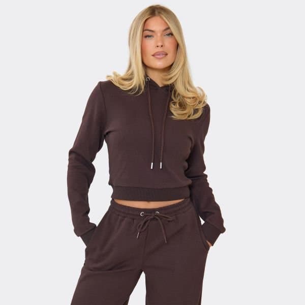 EGO Cinched Waist Fitted Hoodie In Chocolate Brown, Women's Size UK 6