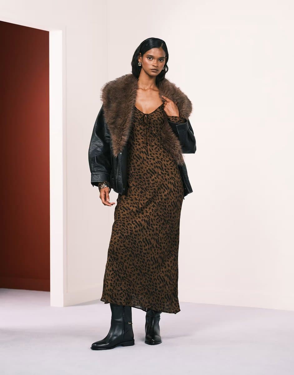 ASOS Mango long sleeve tie detail maxi dress in leopard print