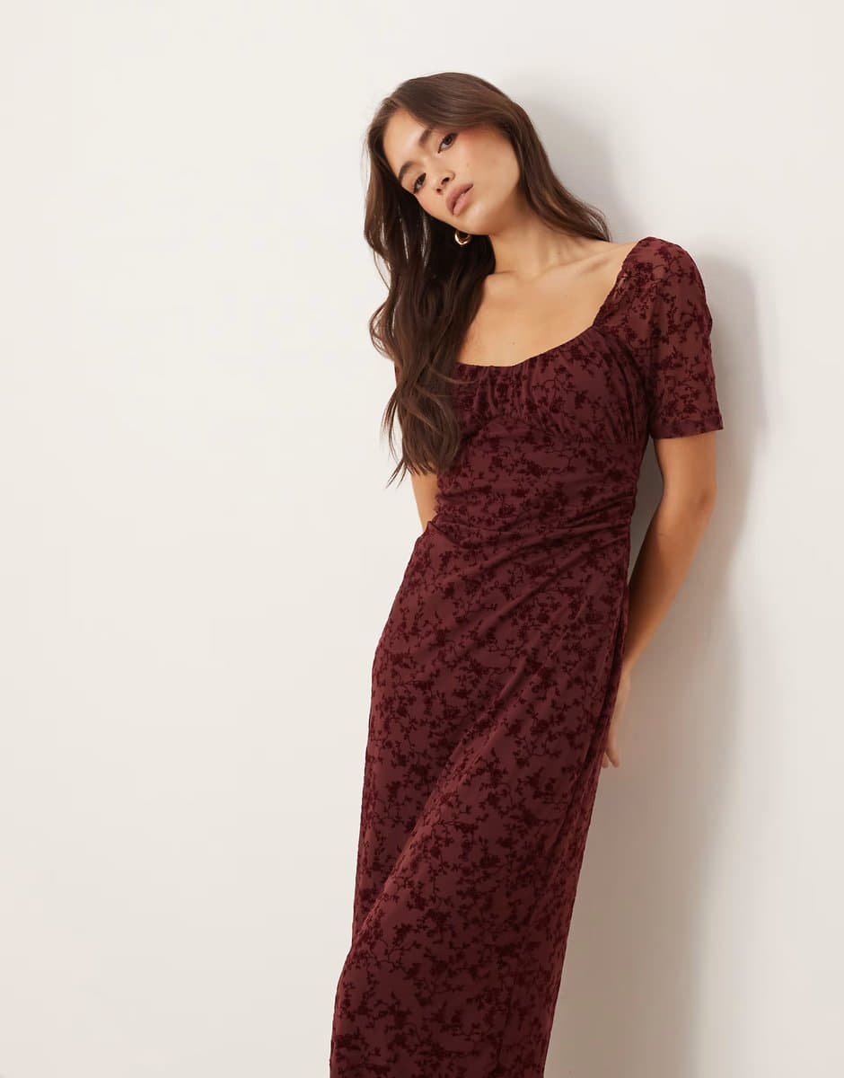 ASOS ASOS DESIGN lace devore puff sleeve midi tea dress in burgundy