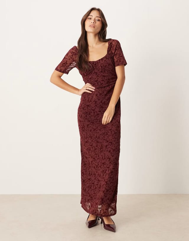 ASOS ASOS DESIGN lace devore puff sleeve midi tea dress in burgundy - 3