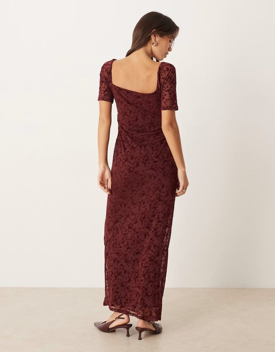 ASOS ASOS DESIGN lace devore puff sleeve midi tea dress in burgundy - 4