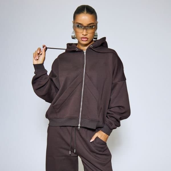 EGO Oversized Double Zip Up Jacket In Chocolate Brown, Women's Size UK 6