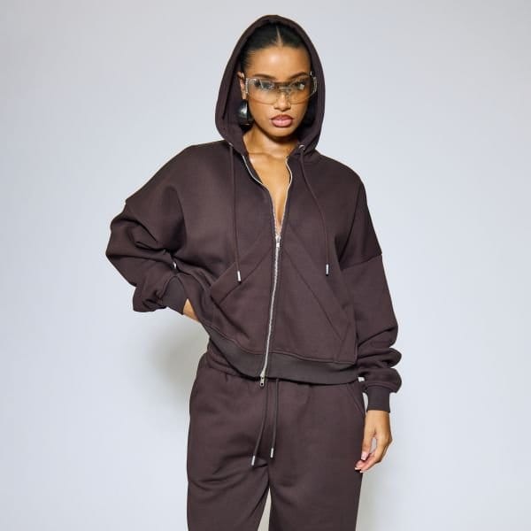 EGO Oversized Double Zip Up Jacket In Chocolate Brown, Women's Size UK 6 - 2
