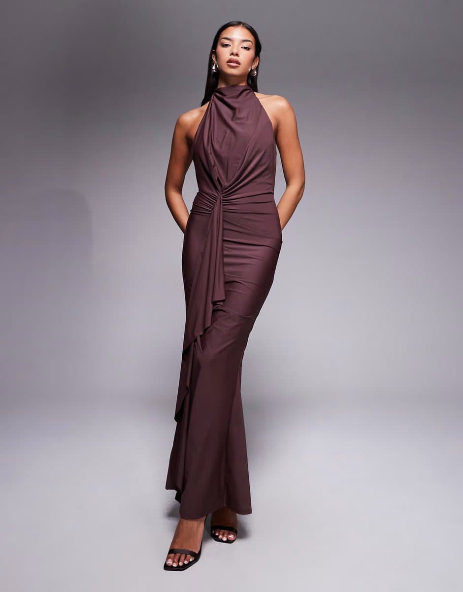 ASOS ASOS DESIGN sculpting jersey high neck drape ruffle maxi dress in brown