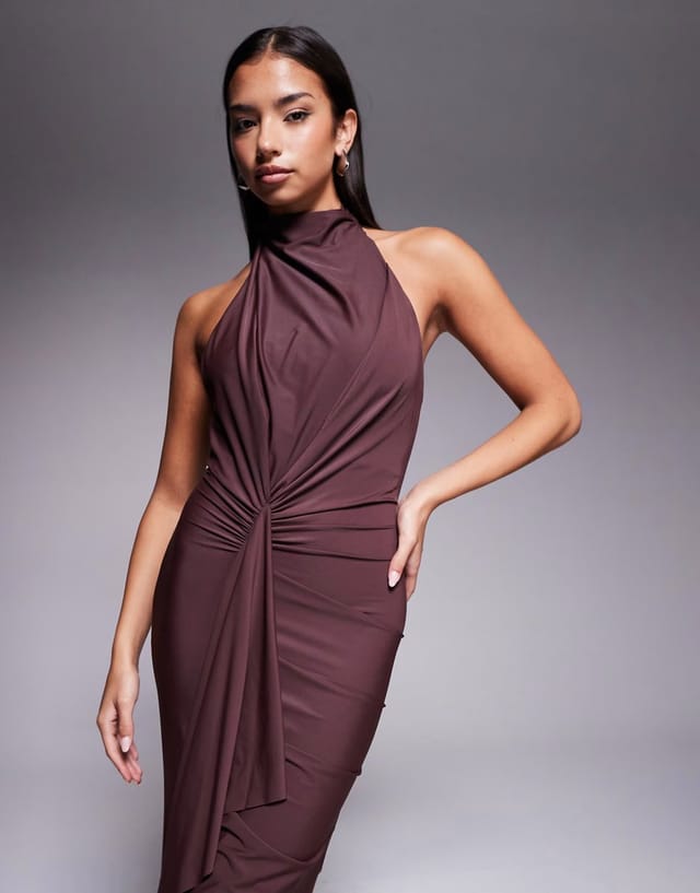 ASOS ASOS DESIGN sculpting jersey high neck drape ruffle maxi dress in brown - 3